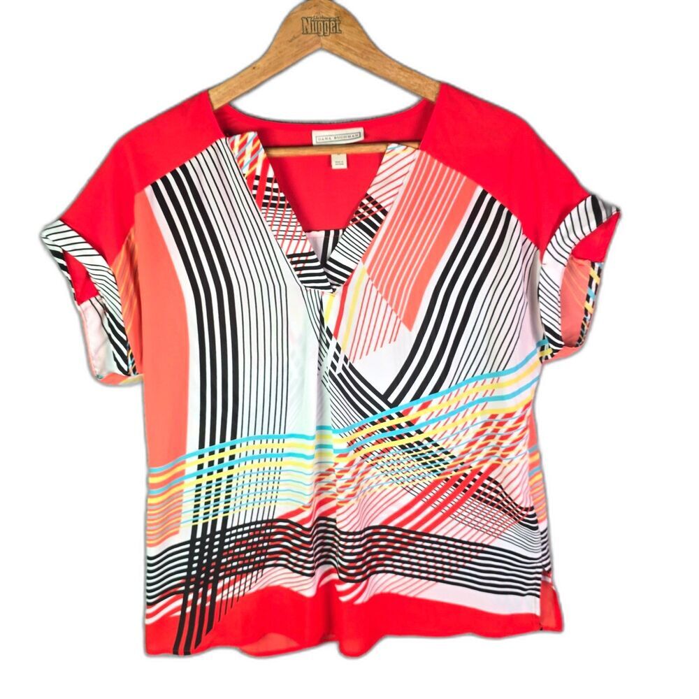 Dana Buchman Womens Blouse S Orange Geometric Print Multicolor V Neck Side Slit